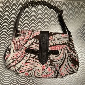 J.Crew 100% Silk Paisley Shoulder Bag Leather Trim Chain Strap Brown Pink Ivory